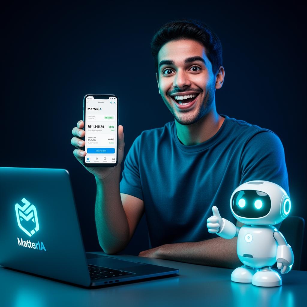 Criador feliz mostrando ganhos do MatterIA no celular