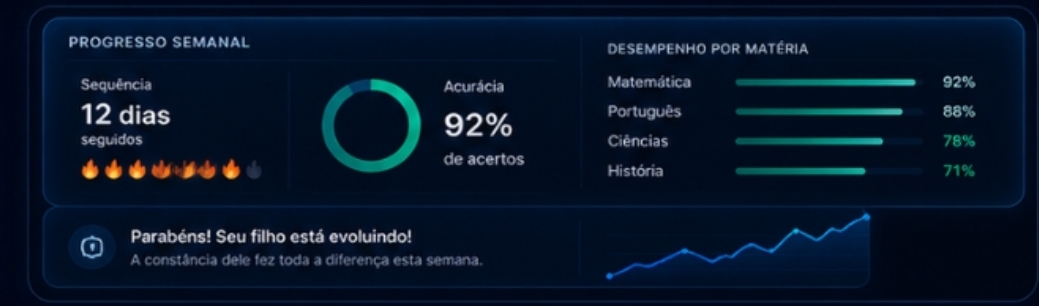 Painel de evolução diária mostrando sequência, acurácia e desempenho por matéria